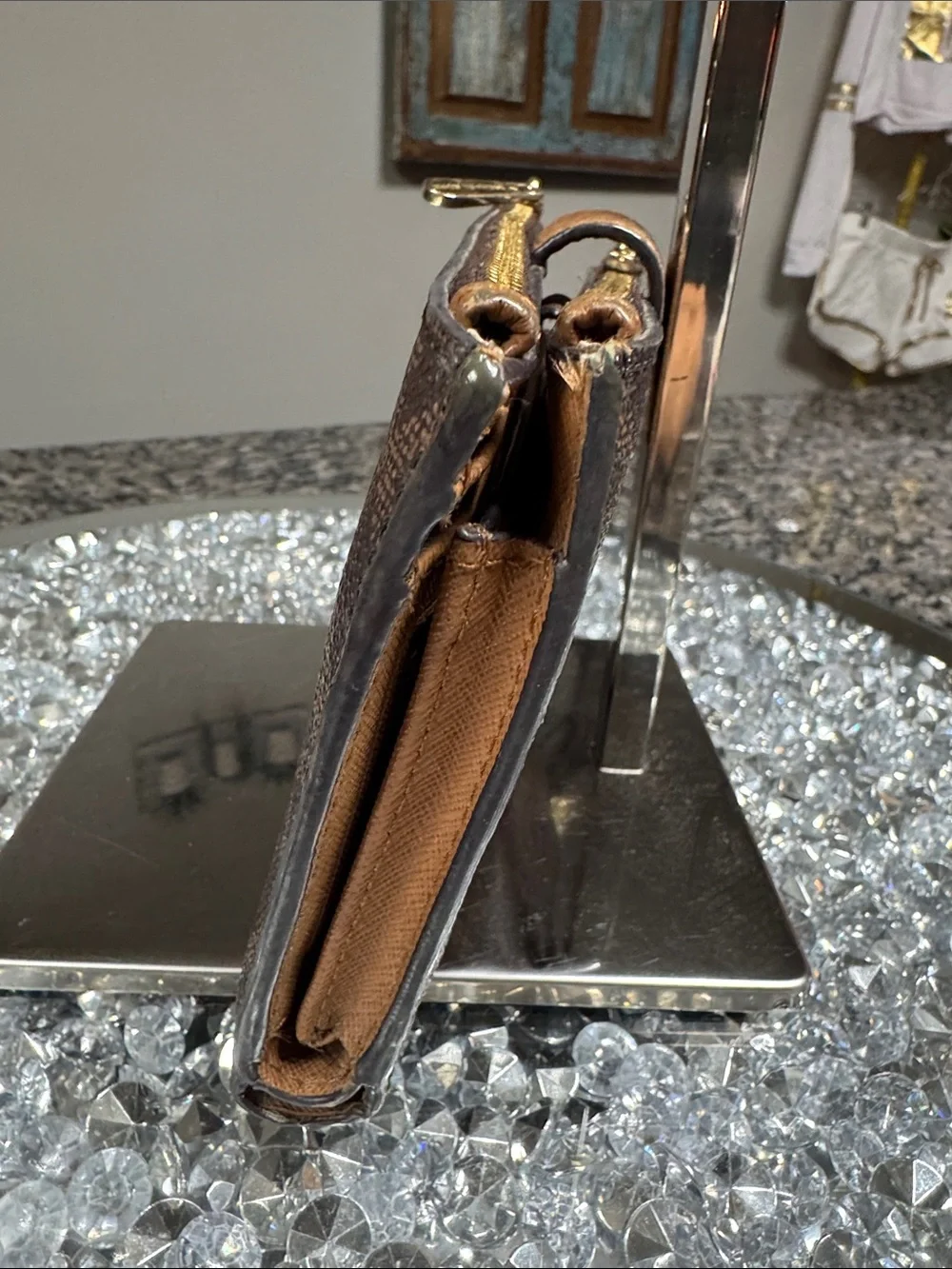 Michael Kors large Brown Signature MK Zip Wristlet with Gold Logo EUC